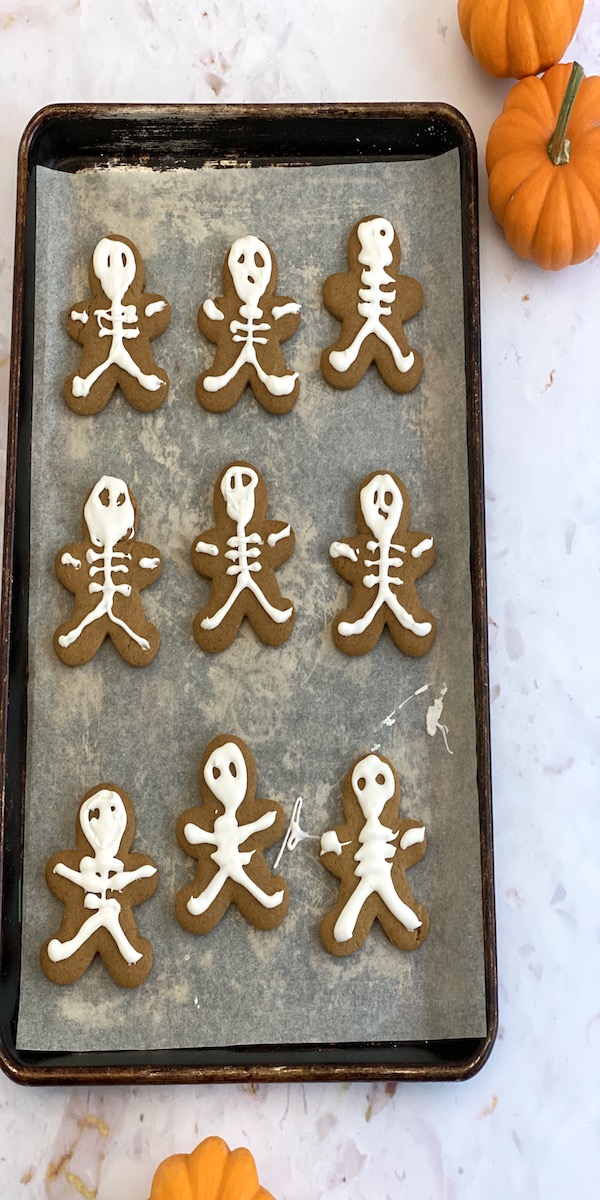 pan of gingerbread skeleton cookies