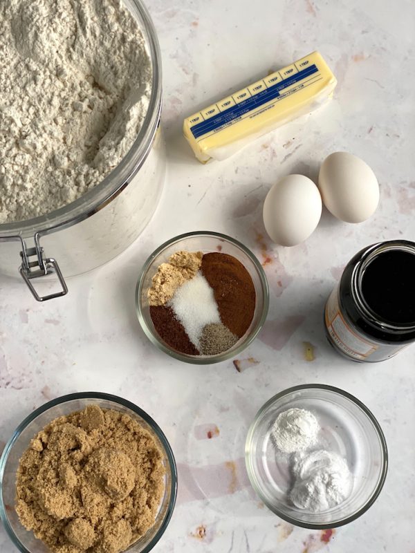flour butter eggs spices molasses brown sugar baking soda