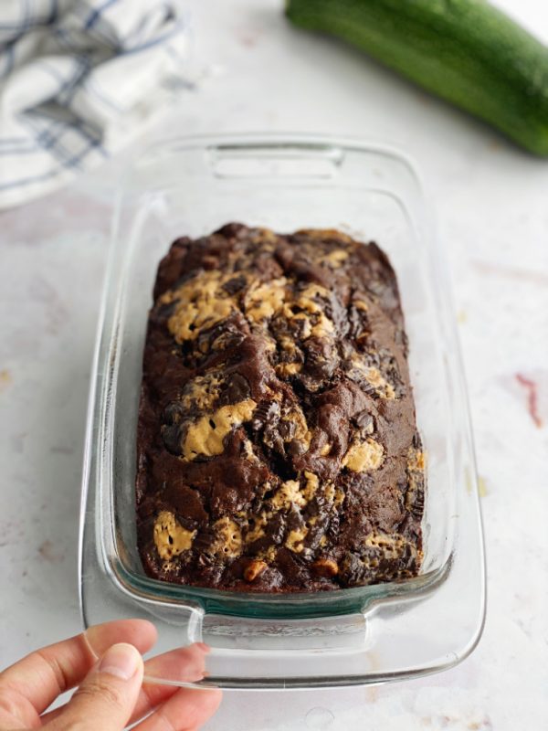 loaf of chocolate zucchini bread with peanut butter