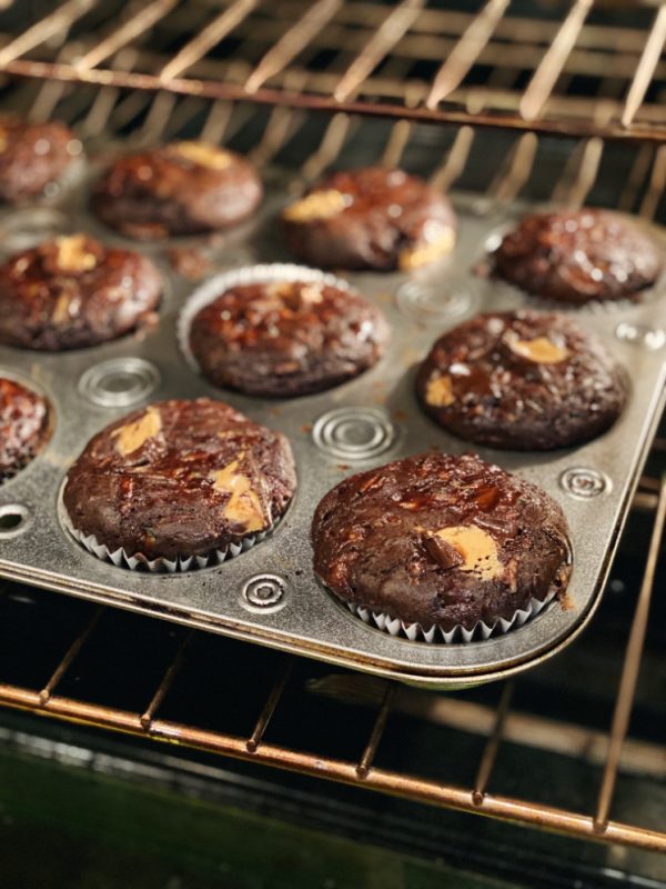Peanut Butter Chocolate muffins in oven