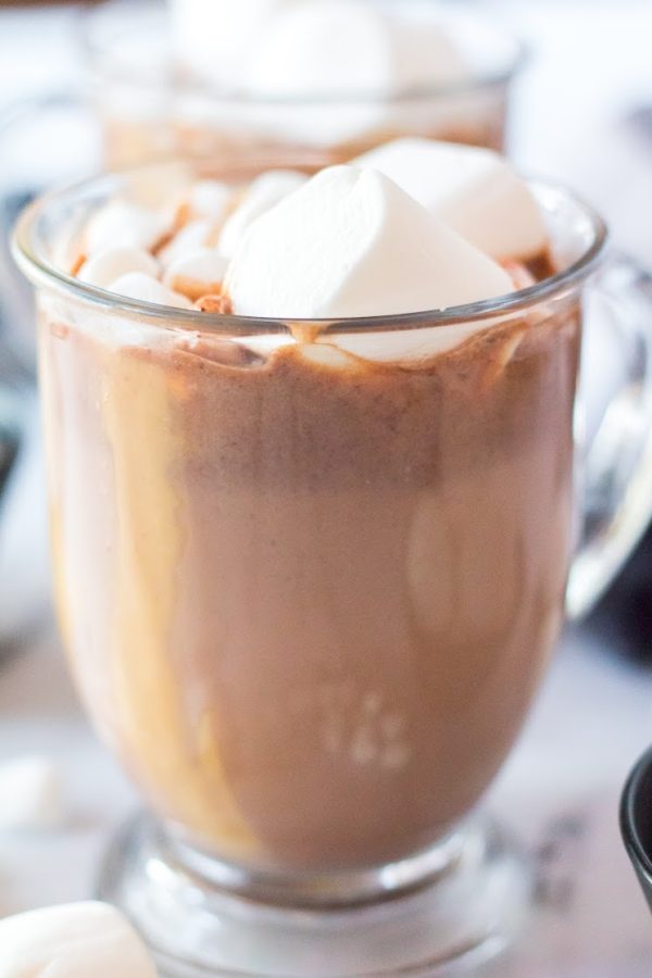 glass mug of crock pot hot chocolate with marshmallows